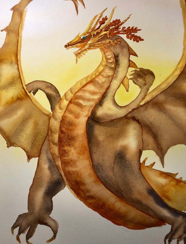 Huddle Dragon, original watercolor, 11-1/2 x 16-1/2 inches