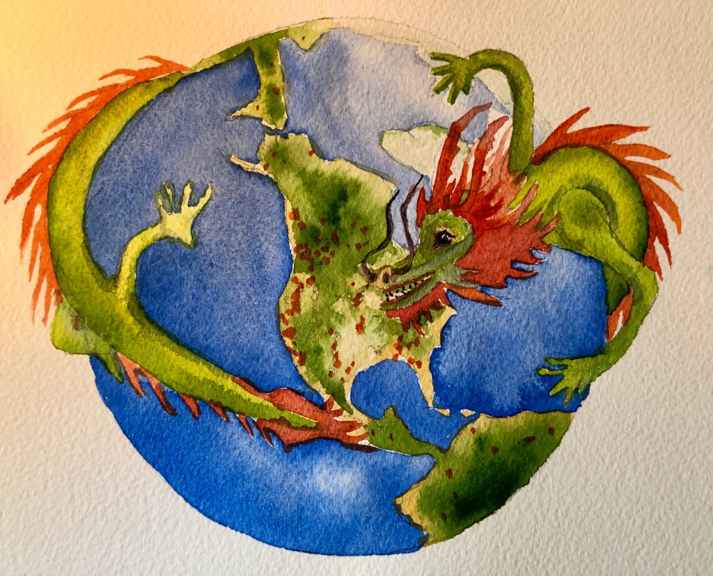 "Global Warming Dragon", original watercolor 9 x 9 inches.