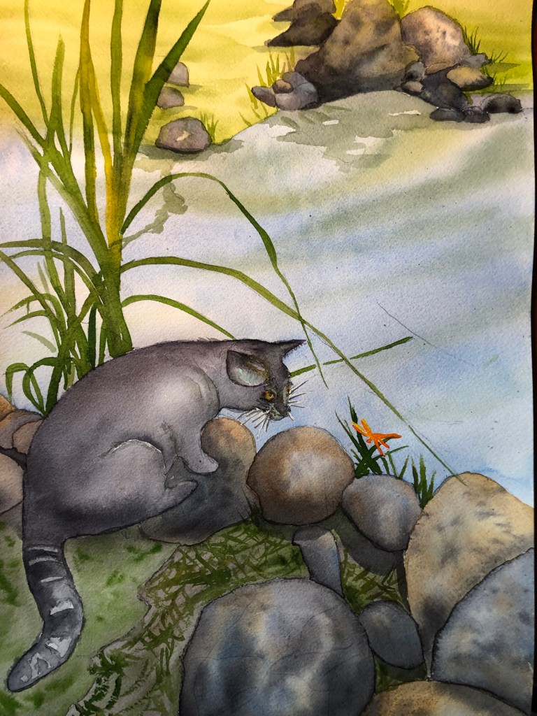Luna Cat Studies a dragonfly, original watercolor 11-1/2 x 16-1/2 inches