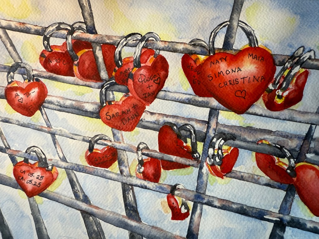 "Love Locks" 9 x 12-inch original watercolor on Fabriano paper.