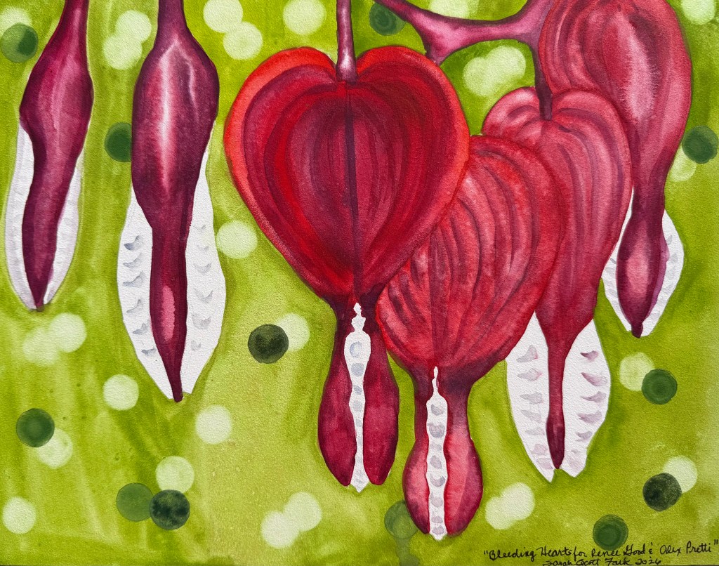 Bleeding Hearts, original watercolor on Aqua board, 14 x 11 inches, $100.00